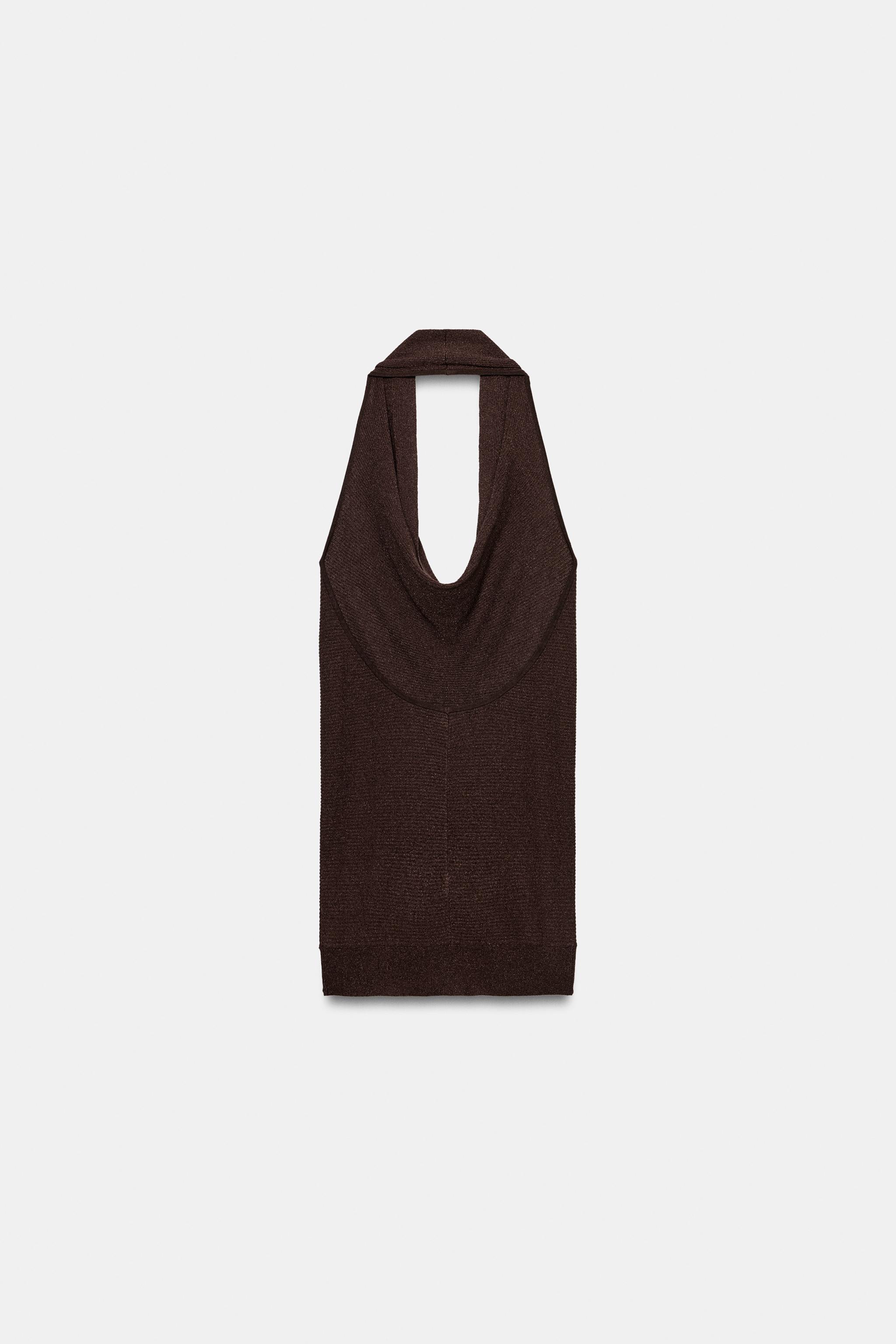 METALLIC THREAD RIB KNIT HALTER TOP